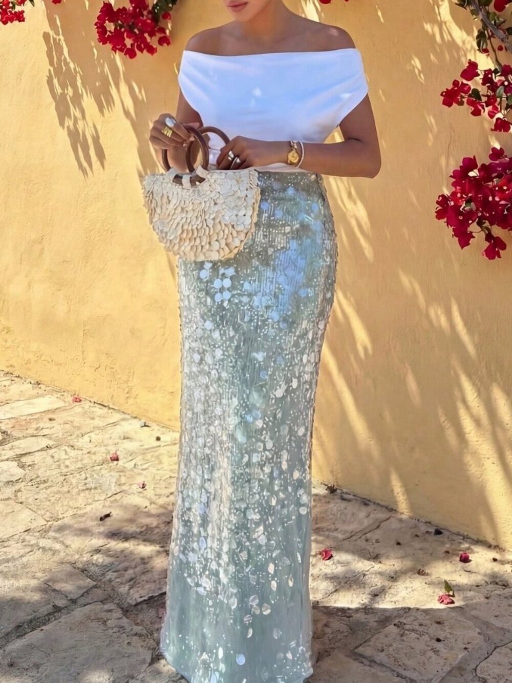 Green Party Women's Sequin Maxi Skirt